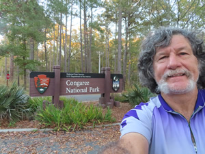 Ted at the entrance sign to Congaree National Park.