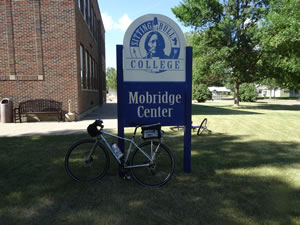 Ted’s bike in front of Sitting Bull College in Mobridge, South Dakota.