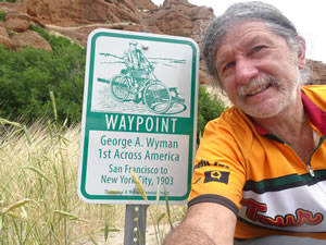 Historic sign for “George A. Wyman” near Echo, Utah.  George was the first person to make a transcontinental crossing of the United States on a motored vehicle.  On his motorized cycle he beat the first automobile crossing by 20 day (it took George 51 days to make the crossing)  