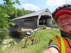 Ted and his bike at Dummerston Covered Bridge near Brattleboro, Vermont.