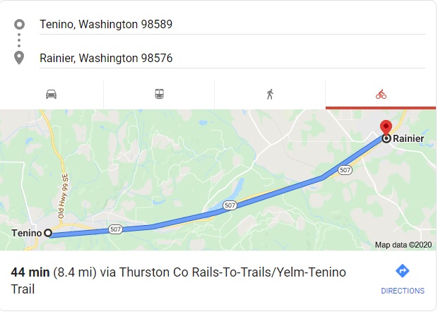 Google map of bike route taken from Tenino to Rainer.