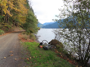 Ted's bike on road next to Lake Crescent.