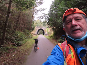 Ted with his bike on Olympic Discovery trial near Port Townsend.