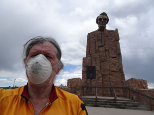 Ted in front of Abraham Lincoln Memorial Monument near Laramie, Wyoming next to the Lincoln highway (US route 30/ Interstate 80)