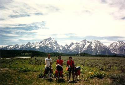 The Grande Tetons in the background. Left to right: Jim (from Los Angeles), Ted Stagnut and Tony Jaramillo.