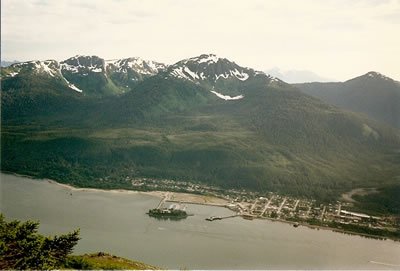 A view from the top of Mount Roberts with the bridge that goes from Douglas to Juneau. This bridge is over part of the Alaska Inside Passage.