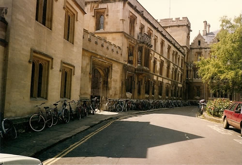 This is where everyone parks their bike before going onto the Oxford, England campus. Ted was supposed to park his bike here, but he did not realize that no bikes were allowed on campus.