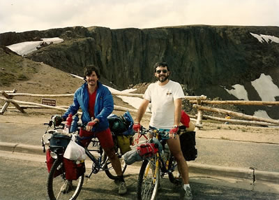 Ted and Jay with their bikes loaded with gear near Lava Cliffs next to Trail Ridge road Rocky Mountain National Park.