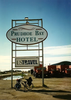 Ted's bike in front of Deadhorse, Alaska hotel at Prudhoe Bay.