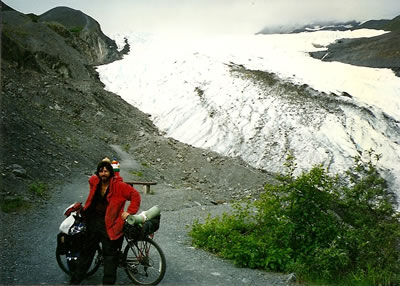 Ted and his bike in front of Worthington glacier near Thompson Pass in the Chugach Mountains, Alaska.