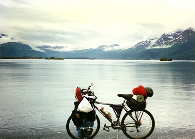 Ted's bike with Gulf of Alaska at Valdez, Alaska in the background.