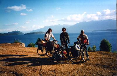 A group of bikers from Argentina near a lake north of Bariloche.