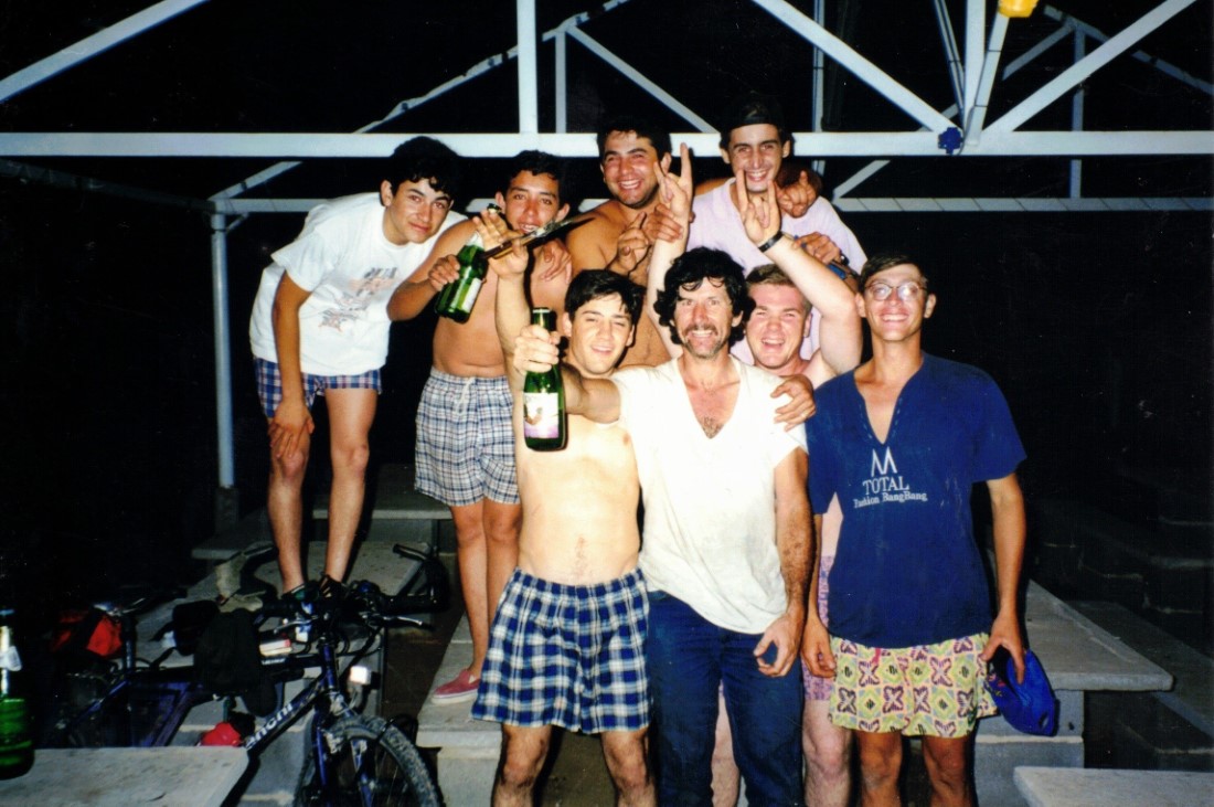 Ted drinking Sidra with farmers at Laguna Mar Chiquita.