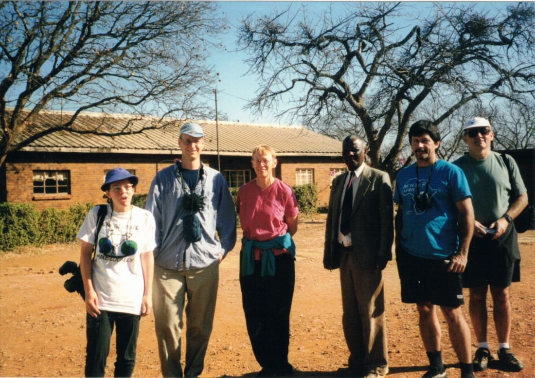 Hlekweni training center school on Kumalo land, near Matopos National Park.  Left to Right - Heather, Ezra, Karen, The school principal, Ted and John.