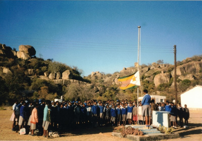 Commencement ceremonies (the raising of the flag) at the secondary school on Kumalo land, near Matopos National Park.