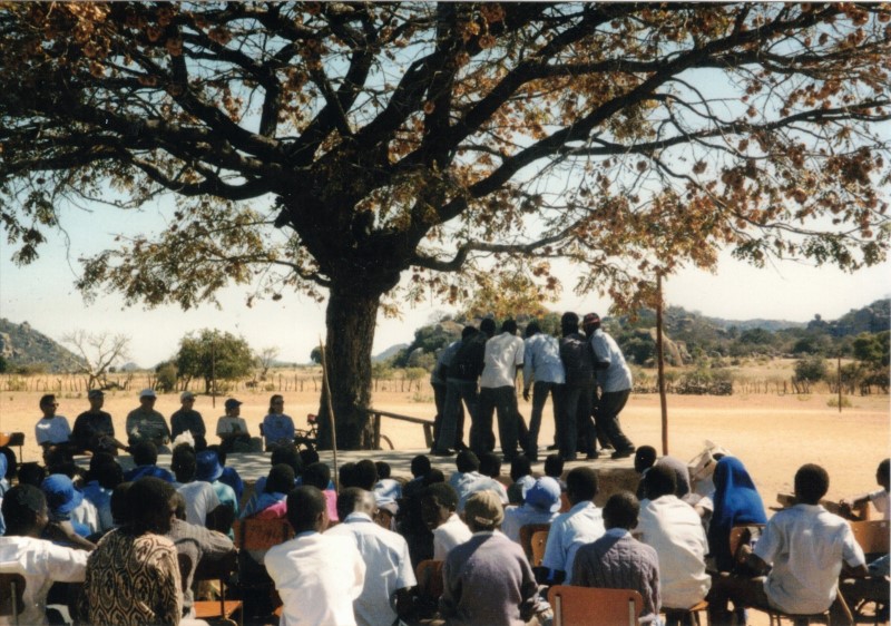 Children performing skits for us at the secondary school on Kumalo community land.