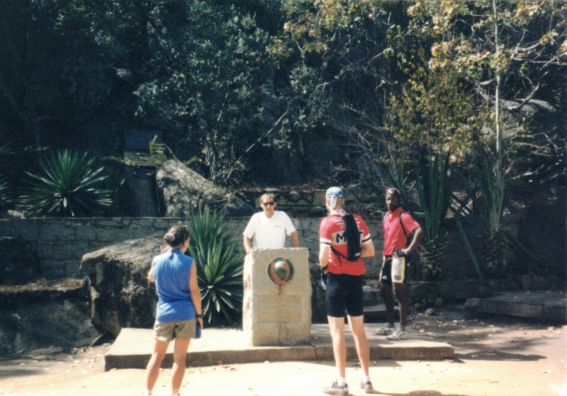 Gary giving a speech (pretend) at the monument of tin hats (MOTH) shrine.  The monument is for men that served in a war.  There is a pit with the ashes of the men that went to war at this site.