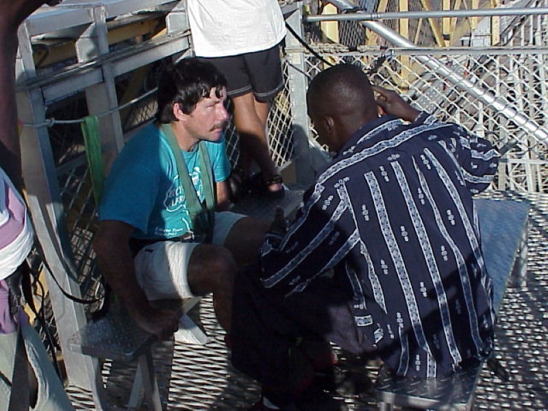 Ted getting bungee jumping instructions on the bridge that separates Zimbabwe and Zambia. (Near Victoria Falls)
