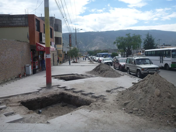 Sidewalk construction, this is a reason why it’s not a good idea to go out at night in Ecuador.  In Latin American courtiers there are often no markings for holes in roads and sidewalks when work is being done.