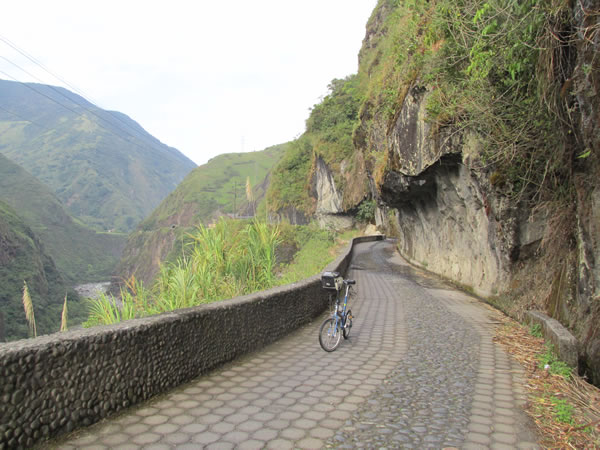 Ted’s bike on bike route near highway from Banos, Ecuador to Puyo, Ecuador