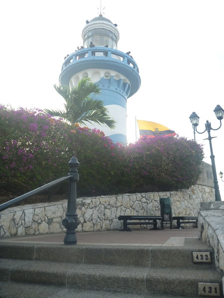 Lighthouse in Guayaquil, Ecuador, the stairs are numbered from 1.  At the top the numbered step is 444. (ie. To hike to lighthouse you go up 444 steps and then you can take the steps to the top of the light house)