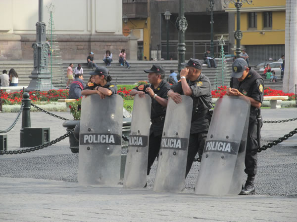 Police ready to protecting people in historic center of Lima, Peru.