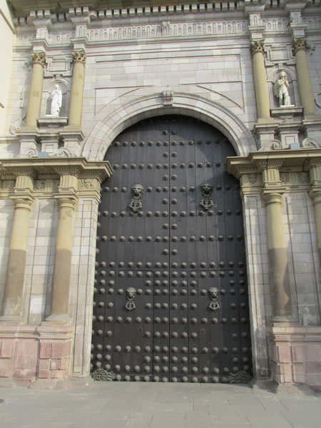 Door of church in historic center of Lima, Peru.