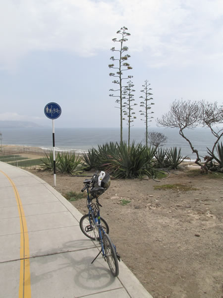 Ted’s bike on trial near overlooking ocean in Lima, Peru.
