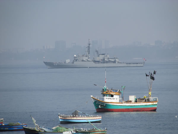 Battle ship in water near Chorrillos district of Lima, Peru.