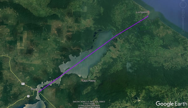 Day 18, Wednesday, November 29 and 30, 2017 - Rio Dulce, Guatemala to Livingston, Guatemala - Google earth screenshot.