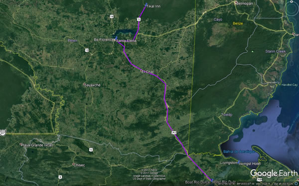 Day 18, Wednesday, November 29, 2017 - Tikal National Park, Guatemala to Rio Dulce, Guatemala - Google earth screenshot.