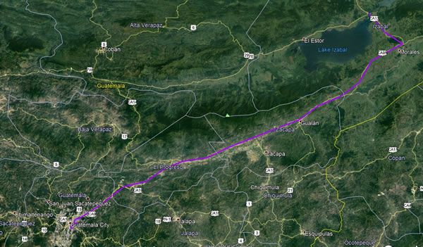 Day 21, Saturday, December 2, 2017 - Rio Dulce, Guatemala to Guatemala City, Guatemala - Google earth screenshot.