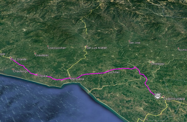Day 2, Monday, November 13, 2017 - Bike - Cruz Grande , Mexico to Cuajinicuilapa, Mexico - Google earth screenshot.