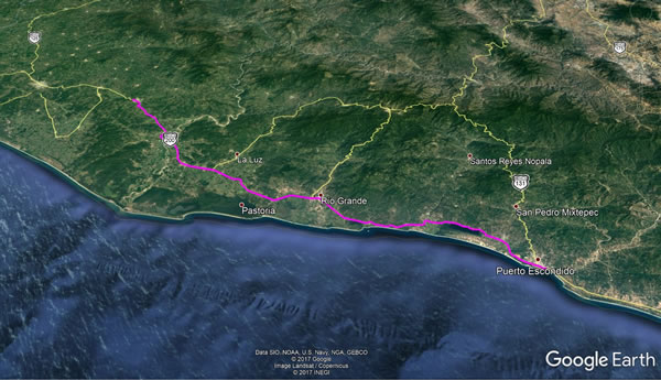 Day 4, Wednesday, November 15, 2017 - Santiogo Jamiltepec, Mexico to Puerto Escondida, Mexico - Google earth screenshot.
