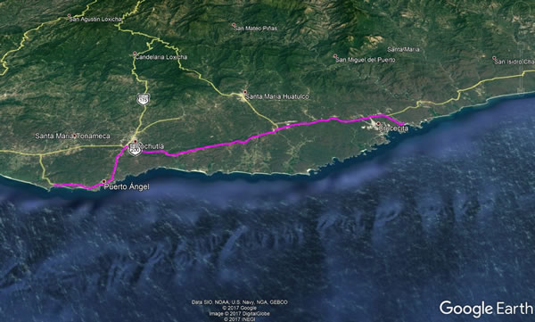 Day 6, Friday, November 17, 2017 - Mazunte, Mexico to Tangolunda, Mexico - Google earth screenshot.
