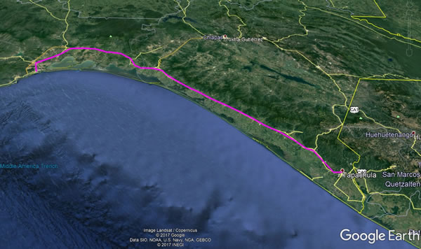 Day 9, Monday, November 20, 2017 – Bus portion - Salina Cruze, Mexico to near Tapachula, Mexico - Google earth screenshot.