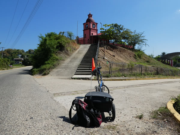 Ted’s bike in front of a church in Mexico.