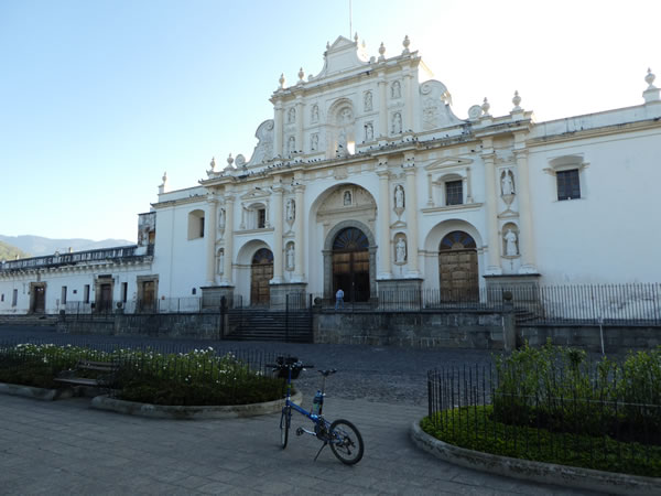Ted's bike in front of Cathedral de Antigua in Antigua ,Guatemala.