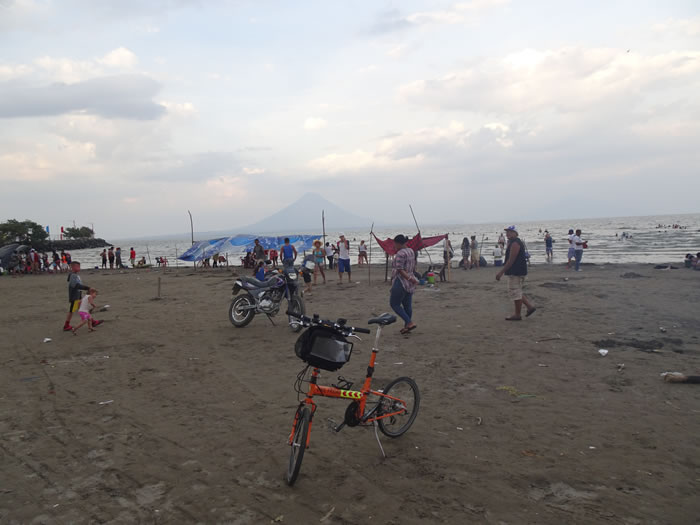 Ted’s bike on the beach in San Jorge, Nicaragua with Volcano Conception in the background.