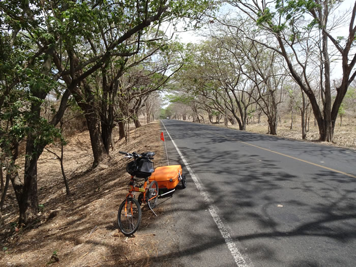 Ted’s bike on Pan American highway shoulder south of Rivas in Nicaragua.
