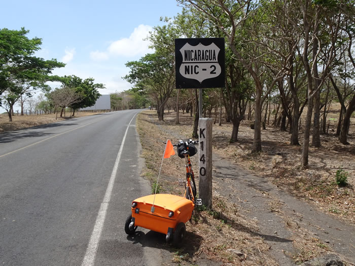 Ted’s bike on Pan American highway shoulder south of Rivas in Nicaragua.