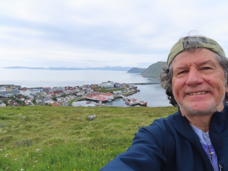 Ted on hill overlooking Honningsvg, Norway.