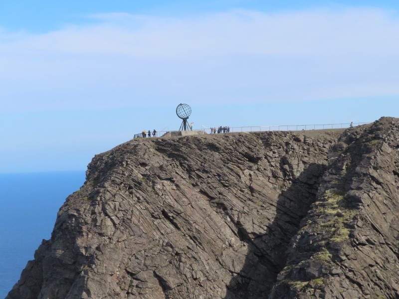 The Nordkapp globe monument seem from visitor area at the northern most point in Europe.