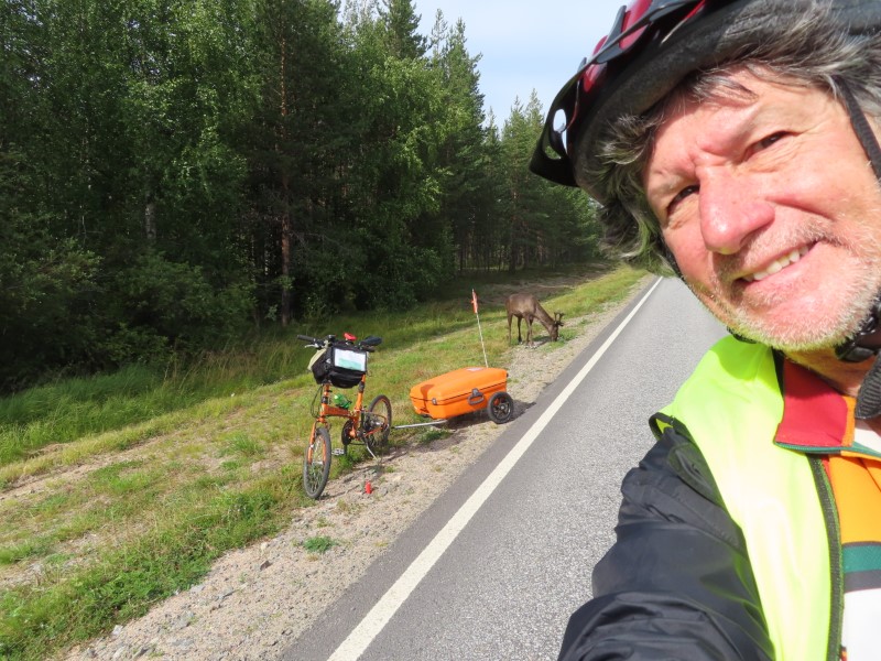 Ted with his bike and a reindeer near Kolari, Finland.