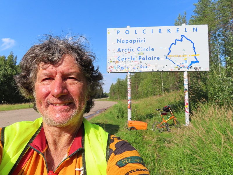 Ted with his bike at the Arctic Circle north of Överkalix, Sweden.