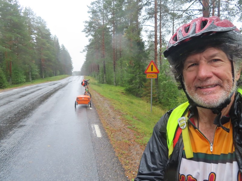 Ted with his bike on road between Sanabadets, Sweden and Ume, Sweden.