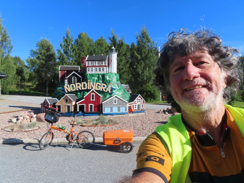 Ted with his bike at visitor information rest stop in Nordingr, Sweden.