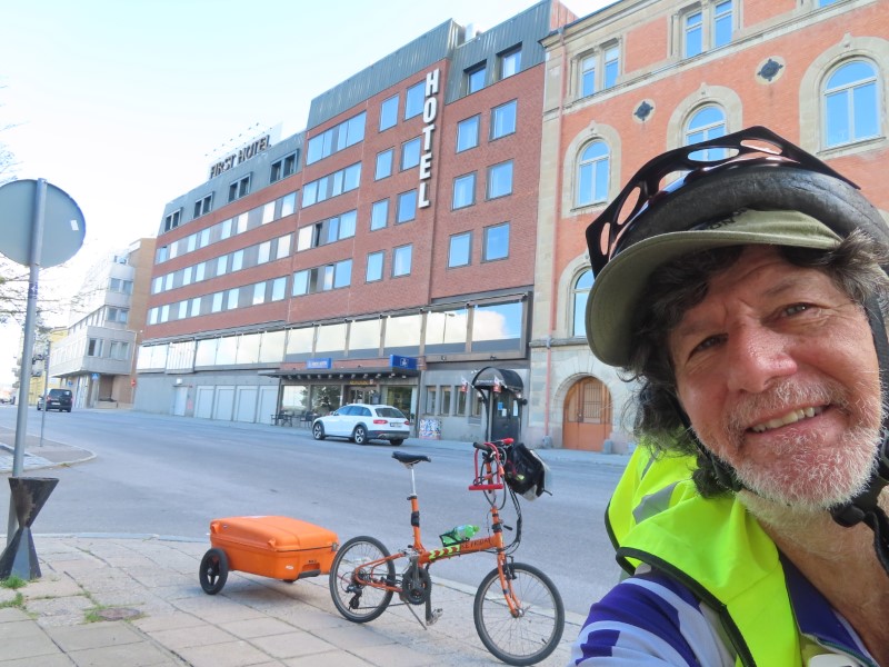 Ted and his bike in front of First Hotel Stadt Hrnsand, Sweden. This is the hotel where Ted stayed in for a night.