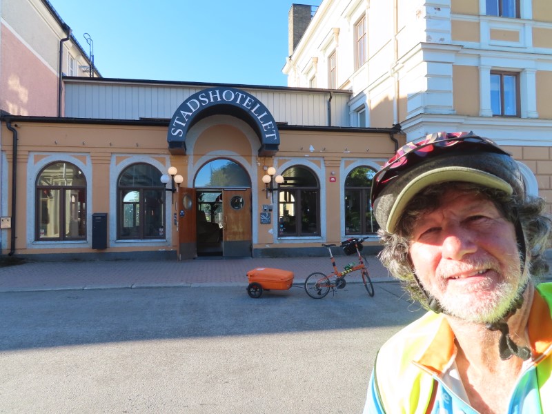Ted with his bike in front of the Quality Hotel Hudiksvall where Ted stayed in Hudiksvall, Sweden.