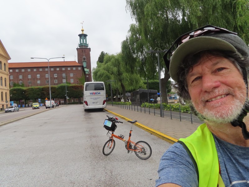 Ted with his bike in front of City Hall (Stadshuset) in Stockholm, Sweden.